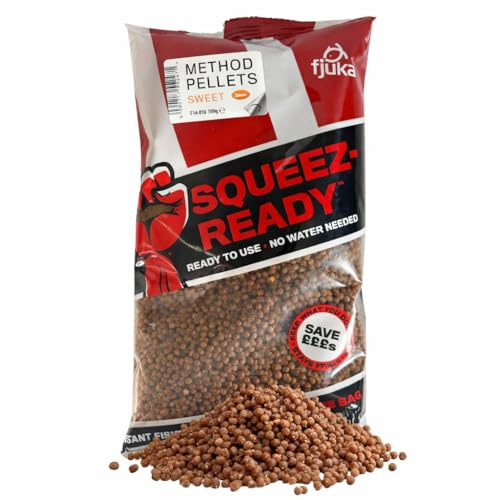 Fjuka Squeez-Ready Sweet Method Pellet 2mm | Ready-prepped Method feeder pellet | F1s, Carp, tench, bream etc | 500g Bag