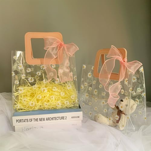 YMASELA Transparente Geschenktüte mit Griffen (2 Stück, 24 x 22 x 14 cm), robuster Kunststoff, wasserdicht, Gänseblümchen, Geschenkverpackung, für Party, wiederverwendbar, Merchandise-Einzelhandel,