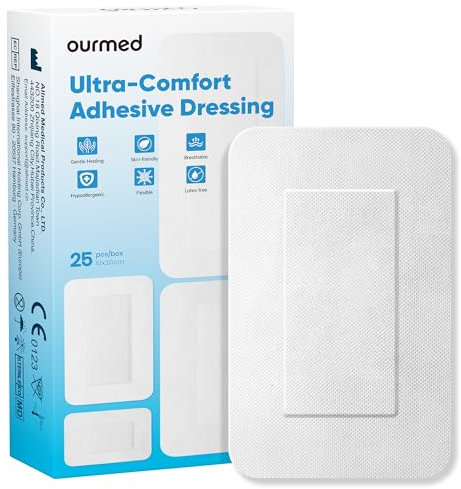 Ourmed Sterile Wundpflaster 10 x 20 cm, Selbstklebender steriler Wundverband mit starker Haftung, schützt vor Schnitten und Kratzern, schmerzfrei zu entfernen, einzeln verpackt, Packung mit 25 Stück