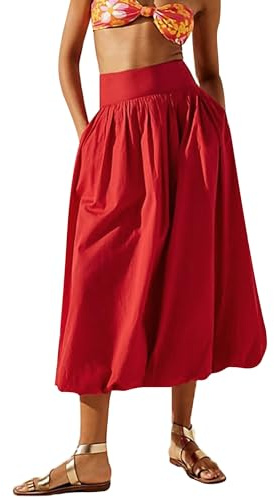 Y2k Damenrock, hohe elastische Taille, Rüschen, ausgestellt, Midi-Röcke, plissiert, Ballon-Rock, Rote Tasche, 36