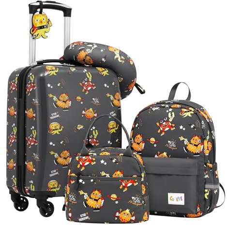 COOLIFE 5tlg Kinderkoffer mit Rucksack, Kindertrolley aus Kunststoff, Kindergepäck, Kinder Kofferset Handgepäck Reisegepäck Hartschalenkoffer für Jungen und Mädchen (Monster, Koffer-Set 5-TLG)