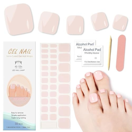 Ceboic 32 strisce di gel semi-rigido per piedi, adesivi per unghie dei piedi UV copertura completa, adesivi per unghie piedi, Toenail Art Stickers Francese per donne e ragazze, rosa nudo