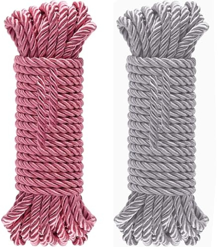2 Pack All Purpose 32 feet 8mm(1/3inch) Diameter Soft Silk Rope Solid Braided Twisted Ropes,10m Durable and Strong All Purpose Twine Cord Rope String Thread Cord (Silver and Pink)
