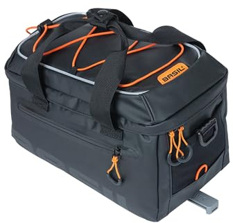 Basil Miles Tarpaulin Bagagehållarväska MIK – 7 L, svart/orange, vattentät, inkl. låsbart MIK-system, perfekt för turer och vardag