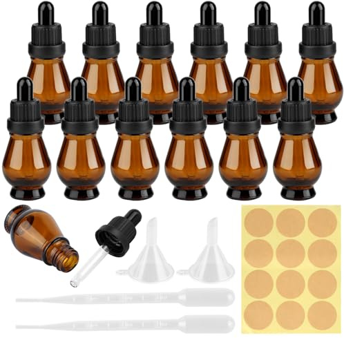 Xishoyen 12 Stück Pipettenflasche 10ml, Braun Tropfflasche Glas, Birnenform Flasche mit Pipette, Leere Apothekerflasche, Dropper Bottle mit Tropfer, Trichter, Aufkleber für Ätherische Öl, Parfüms