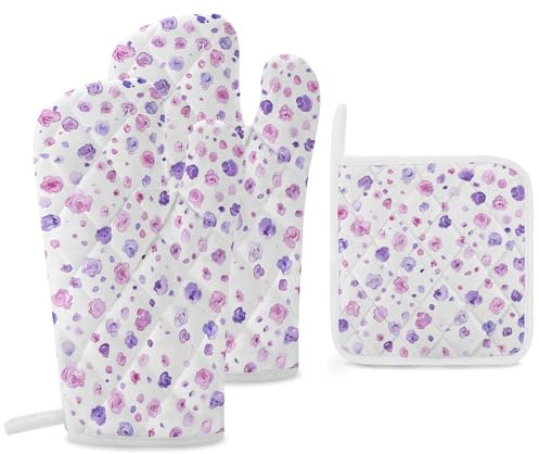 3 Pack Set Oven Mitts Pot Holders for Kitchen Heat Resistant Pot Holders Set Small Purple Rose Cooking Oven Glove with Cotton Lining Non-Slip Extra Thick Oven Mitts
