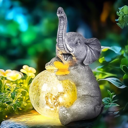 GIGALUMI Statues solaires de Jardin en Verre - Figurine d'éléphant pour extérieur, Cour, décoration de Jardin, Cadeaux Uniques pour Maman, pour Femme, décoration d'éléphant pour terrasse