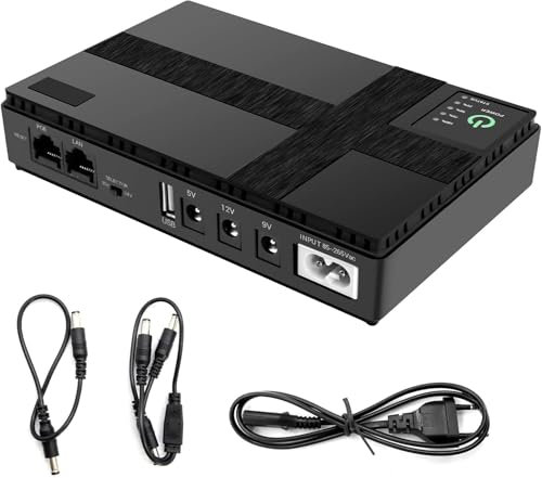 Mini-UPS-Notstromversorgung für Router, unterbrechungsfreie Stromversorgung mit 10400 mAh PowerBank, USB-Ausgang 5 V 2 A USB und 5 V 9 V 12 V 2 A DC, Überwachungskameras, Smartphones, 18 Wh