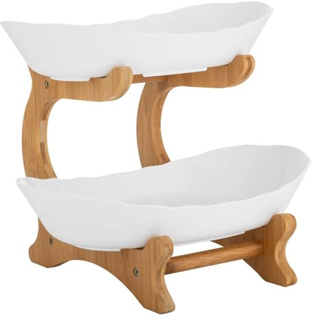 CHFUNE Cesta de frutas de 2 pisos moderna para tartas de frutas de pie con madera de pie cocina diaria moderna cuenco de fruta estable y sin temblor para verduras, frutas, aperitivos blanco