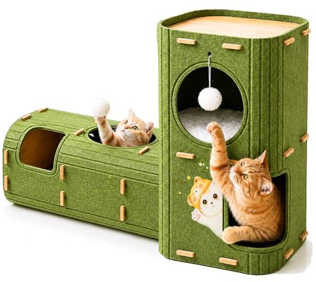 Katzenhöhle aus Filz, 3 Ebenen Katzenhaus Indoor, Katzenhöhle für draußen, Stabiles Katzenbett mit Spielball, zum Schlafen, Spielen und Verstecken (Grün ohne Polster,37 * 37 * 60)