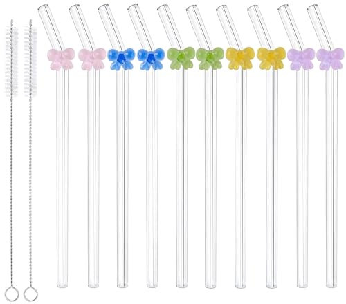 14 Stück Glasstrohhalme, 20 Cm Länge Wiederverwendbare Strohhalme Aus Glas Mit Farblich Passendem Motiv, Inklusive 2 Reinigungsbürsten, Ideal Für Smoothies, Tee, Saft Und Milchshakes