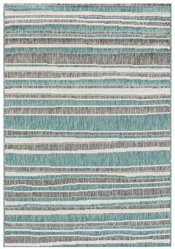 Mazovia Tapis Intérieur/Extérieur Rayures - Balcon, Terrasse, Patio, Pavillon, Cuisine - Tapis à Poils Courts Rectangle Certificat Oeko-TEX® Imperméable - 80 x 150 cm Turquoise