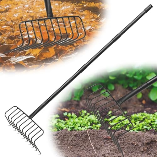 Rechen für Landschaftsbau, 130cm Garten Metallrechen mit 11 Zinken und Langer Stiel, Großer Gartenrechen zum Lockern von Bden und Nivellieren von Rasen,Laubbesen,Rasenrechen, Heurechen für Rasen
