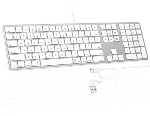 OMOTON Clavier filaire pour Mac/MacBook/iMac, avec double interface (Type-C et USB A) Clavier pleine taille, blanc argenté