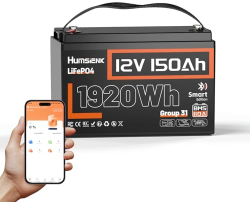 Humsienk Batería de Litio LiFePO4 12V 150Ah con Bluetooth, BMS 110A Integrado, Protección Baja Temperatura, 15000+ Ciclos Profundos, Recargable, para Autocaravana, Solar, Barco, Off-Grid