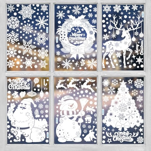 6 Feuilles d Autocollants de Fenêtre de Noël avec 219 Motifs Blancs d Éléments de Noël Images de Fenêtre Statiques Recto Verso en PVC Réutilisables pour la Décoration de Porte en Verre 20x30cm