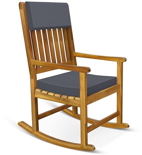 Casaria® Schaukelstuhl Gartenstuhl Holz Anthrazit 160kg Belastbar Bezug 30° Waschbar Armlehne Schaukelsessel Garten Balkon Stuhl Wetterfest Schwingsessel Akazie
