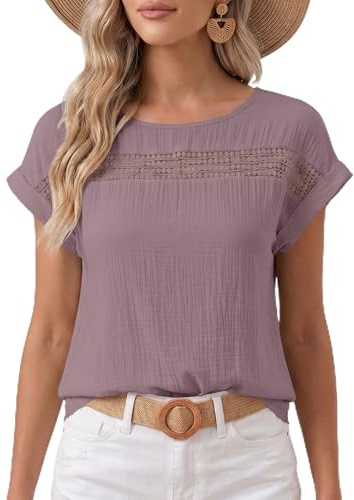 DUOEASE Maglietta Donna Manica Corta Elegant Casual Tinta Unita Top Donna Estivi Sexy Traspirante Girocollo T Shirt(RosaPolveroso M)