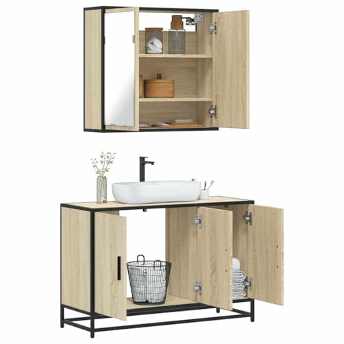 KTHLBRH Mobile da bagno con specchio e lavabo, struttura metallica industriale, ampio spazio di archiviazione, montaggio a parete, legno di ingegneria resistente all'umidità, ideale