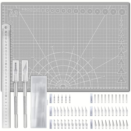 Miuzei A3 Cutting Mat Set: Self Healing Craft Mat with Steel Ruler, 43.5×30CM, Craft Board for DIY Projects, Sewing, Paper, Scrapbooking and Model Making (Gray)