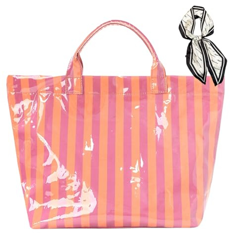 Generisch Striped PVC Tote Bag for Women, Large Glossy Waterproof Plastic Handbag, Lightweight Casual Beach Tote Bag