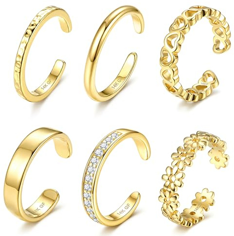 Adramata 6 stycken 14 karat guld tåring justerbara tåringar set för kvinnor blomhjärta öppen tåring tumringar justerbar ring guld tåringar set sommar strand fot smycken för kvinnor, One Size, Koppar