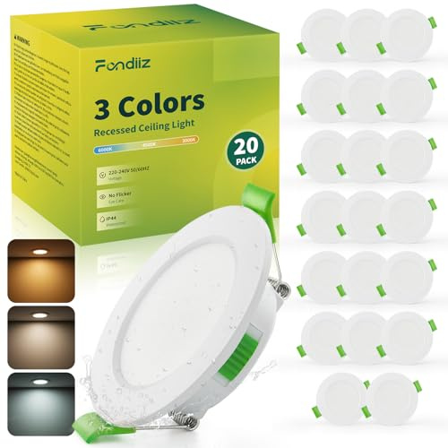 Fondiiz 20er Einbaustrahler LED 55mm - 68mm Lochmaß, 3.5W 340LM 3CCT | LED Spots 230V 3000K Warmweiß 4500K Neutralweiß 6000K Kaltweiß, IP44 Einbauspots Ultra Flach für Badezimmer Küche