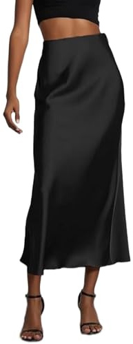 Falafoty Women's Satin Long Skirt, High Waist Silk Solid Color Skirts Long Formal A-Line Elegant Skirt Silky Flowy Skirt for Date Dinner Party Cocktail Daily