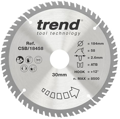 Trend Wood Circular Saw Blade, 184mm Diameter, 30mm Bore, 58 Teeth, 2.6mm Kerf, +12° Hook, TCT, Extra-Fine Finish, CSB/18458