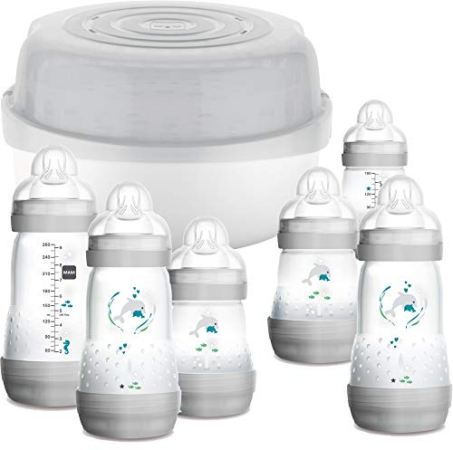 MAM Juego de esterilizador de biberones y microondas Easy Start, viene con 6 biberones anticólicos autoesterilizantes Easy Start, esterilizador de biberones sin BPA para bebés