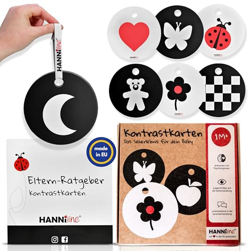 HANNIline® Kontrastkarten Baby [Made in EU] 20 Bilder auf 10 doppelseitigen Karten Baby Spielzeug 0 Monate Erstausstattung Neugeborene Montessori + Schlaufe, Elternratgeber