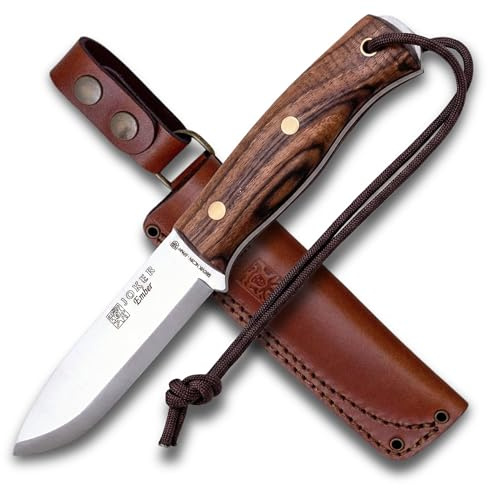 Joker Cuchillo de monte y caza Ember Scandi CN122, hoja de 10,5 cms, mango Nogal, funda piel marrón, incluye paracord, Herramienta de pesca, caza, camping y senderismo