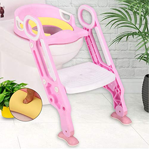 KUANDARYJ Toilettensitz-Stuhl Toilettentensitz Kinder, Kinder Toiletten-Trainingssitz mit Rutschfester Trittleiter-Leiter, justierbarer Töpfchen-Sitz mit Schritt, Pink