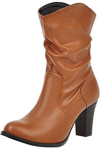 Jamron Femmes Stylées Talon Bloc Slip on Botte de Cowboy Duveteux Bottes Slouch Marron SN02816 EU39.5