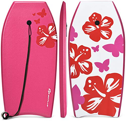 Goplus 41''/37''/33'' Lightweight Body Board for Beach, Surf Board with EPS Core, XPE Deck, HDPE Slick Bottom, Wrist Leash, Bodyboard for Kids Adults Surfing (Pink Flower, 41 Inches)