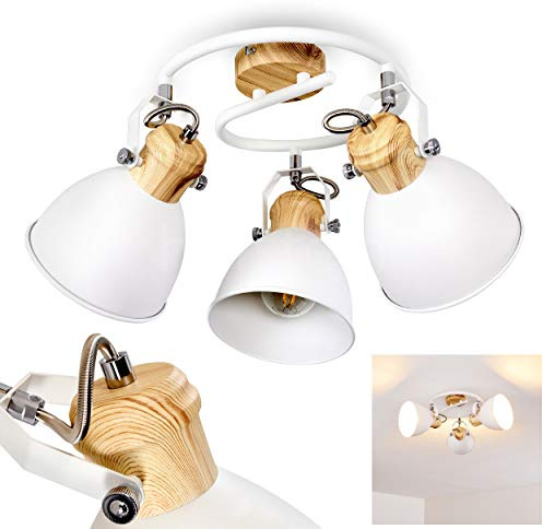 HOFSTEIN Deckenleuchte Banjul, verstellbare Deckenlampe aus Metall in Weiß/Holzoptik, moderne Leuchte im Retro/Vintage/Industrial-Design, 3 x E27, Esszimmer, Schlafzimmer, Wohnzimmer, Küche