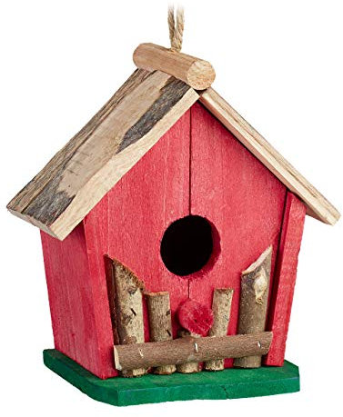 Relaxdays Mini Vogelhaus, zum Aufhängen, für Balkon & Garten, Holz, Deko Vogelhäuschen, HBT 18 x 17 x 11 cm, rot/grün
