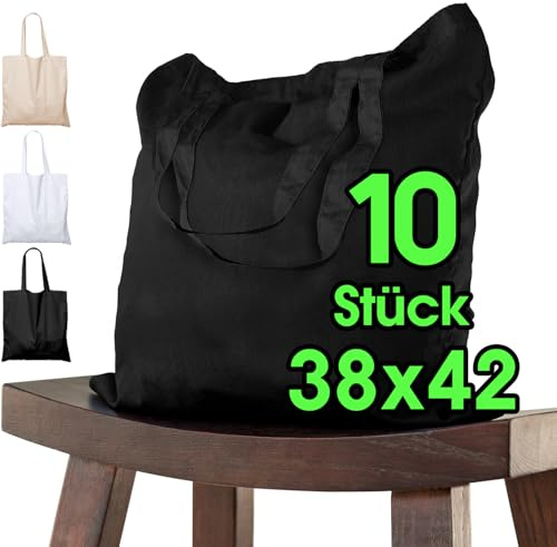 Bomullsväska 38 x 42 cm otryckt, 10 stycken – två korta handtag OEKO-TEX® certifierad tygväska, bärväska, bomullspåse, shoppingväska, jutepåse, tygpåse måla svart