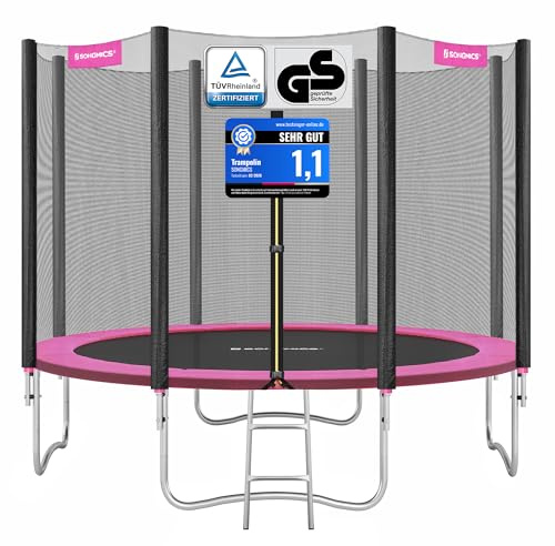 SONGMICS Cama Elástica, 305 cm, Trampolín para Niños con Red, Cojín de Seguridad, Escalera, Mástil Recto de 180 cm de Altura, Marco de Acero, Rosa STR101P01