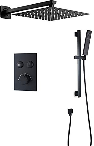 SHUGUANG Sistema de Ducha con Alcachofa de Ducha, Termostática Negro Columna de Ducha Latón Conjunto de Ducha Empotrado Set de Ducha, Juego de Ducha con Ducha de Mano,12 Inch