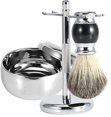 Premium Rasierpinsel Set aus Dachshaar für Männer, inklusive Pinselständer Seifenschale mit Deckel