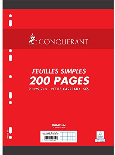 CONQUÉRANT Lot de 2 Feuilles Simples 200 Pages A4 90g Petits Carreaux