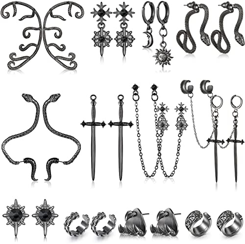 Kigeli 12 Pairs Gothic Earrings for Men Women Stainless Steel Punk Y2K Black Dangle Earrings Stud Chain Cuff Hinged Hoop Jewelry Set for Unisex Hip Hop Kpop Birthday Gifts Cosplay Costume Accessories