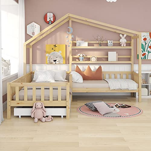 Moimhear Kinderbett Hausbett mit Schubladen und Regalen, Massivholz mit Zaun und Lattenrost, L-Struktur, Natur (90x200 cm+140x70cm)