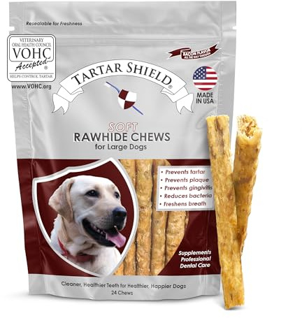 Tartar Shield Soft Rawhide Chews | Safe Dental Treats for Large Dogs | Vet VOHC Approved | Daily Bone Cleans Teeth & Gums Fresh Breath Oral Health Support | USA Made | (Large Dogs / 24 Count)