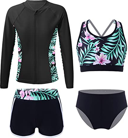 ranrann Barn flickor 4-delad baddräkt anti-UV UPF 50+ tankini-set topp + shorts + långärmad kappa rashguard badkläder 3–16 år, svart, 9-10 �r