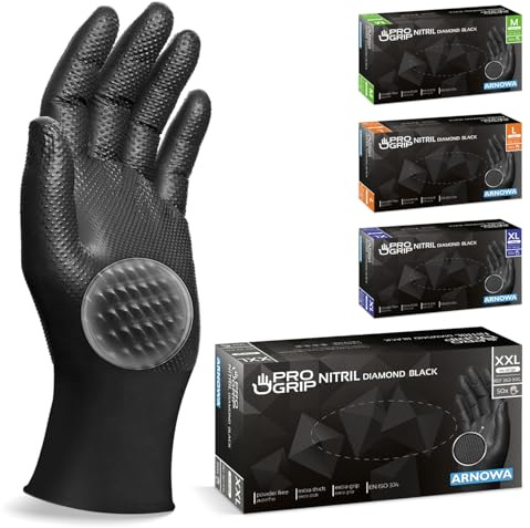 500x PROGRIP Einweghandschuhe Diamant Grip Schwarz, Nitrilhandschuhe XXL | Einmalhandschuhe Extra Stark, Handschuhe Einweg griffig, latexfreie Arbeitshandschuhe für Werkstatt & Montage M, L, XL, XXL