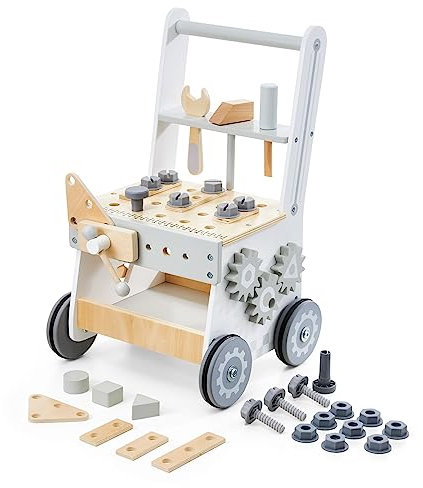 mamabrum Lauflernwagen Holz mit Werkbank ab 1 Jahr – Montessori Baby Laufwagen mit Gummirädern & Werkzeugset – Sicheres Holzspielzeug zur Förderung von Motorik & Laufen Lernen – Jungen & Mädchen