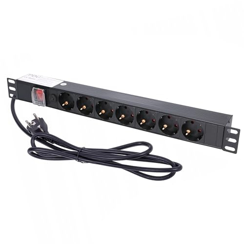 EXTRALINK Regleta 7 Tomas PDU Schuko - con Interruptor, 16A, 4000W, 1U, Cable de 2 m, Protección contra sobretensiones, Regleta 1U para Rack 19 y Armario de Red