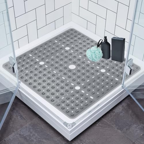 ZOKBOM Duschmatte rutschfest 70x70 cm: Duscheinlage rutschfest aus PVC, Komfortable Antirutschmatte Dusche, Duschmatte Groß Schnelltrocknend BPA-Frei mit Saugnäpfen (Transparent Grau, Quadratische)